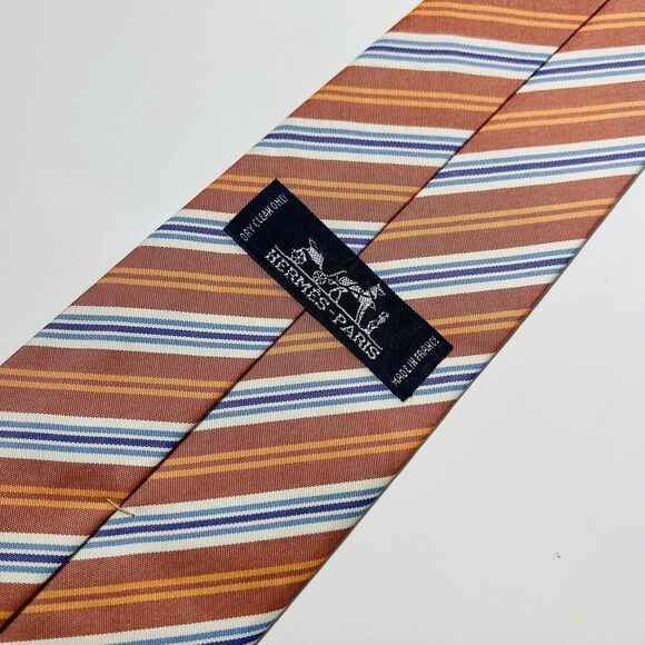 Genuine HERMES Orange,White,Purple&Blue Striped Silk/Cotton Blend Tie 60x3.75” - Picture 1 of 15